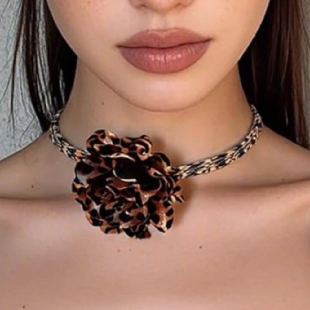 New Leopard Print Big Rose Flower Choker Necklace
